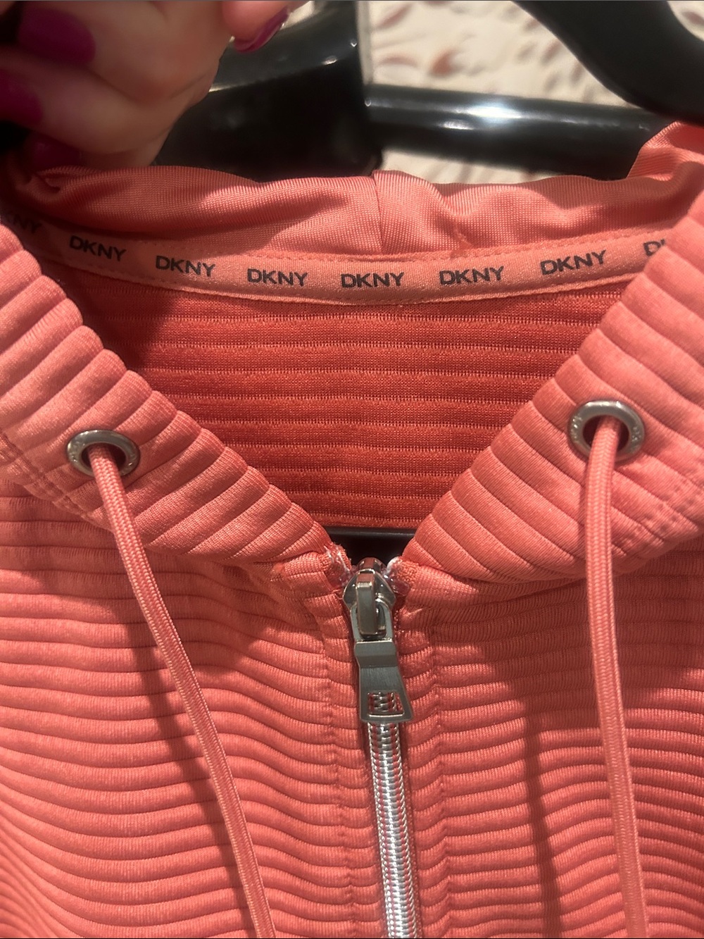 DKNY Woman’s Ribbed Full Zip Hoodie Jacket in Coral Best for a size medium/large - Picture 7 of 10